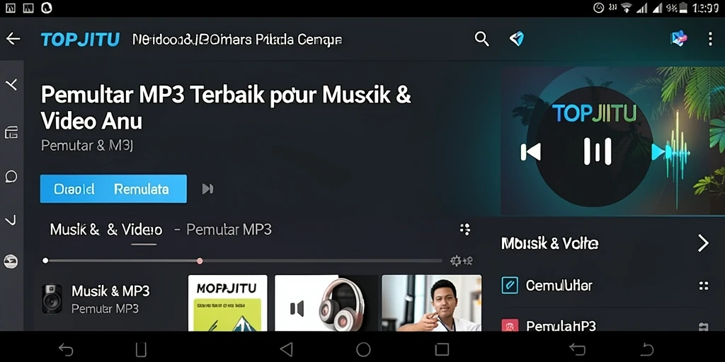 Antarmuka pengguna aplikasi TOPJITU saat memutar lagu MP3.